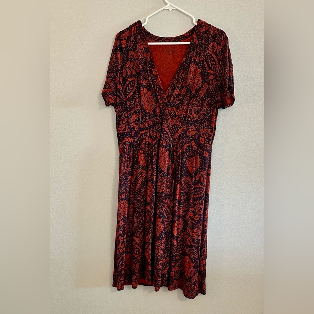L.L. Bean Black Midi Dress with Red Paisley Print